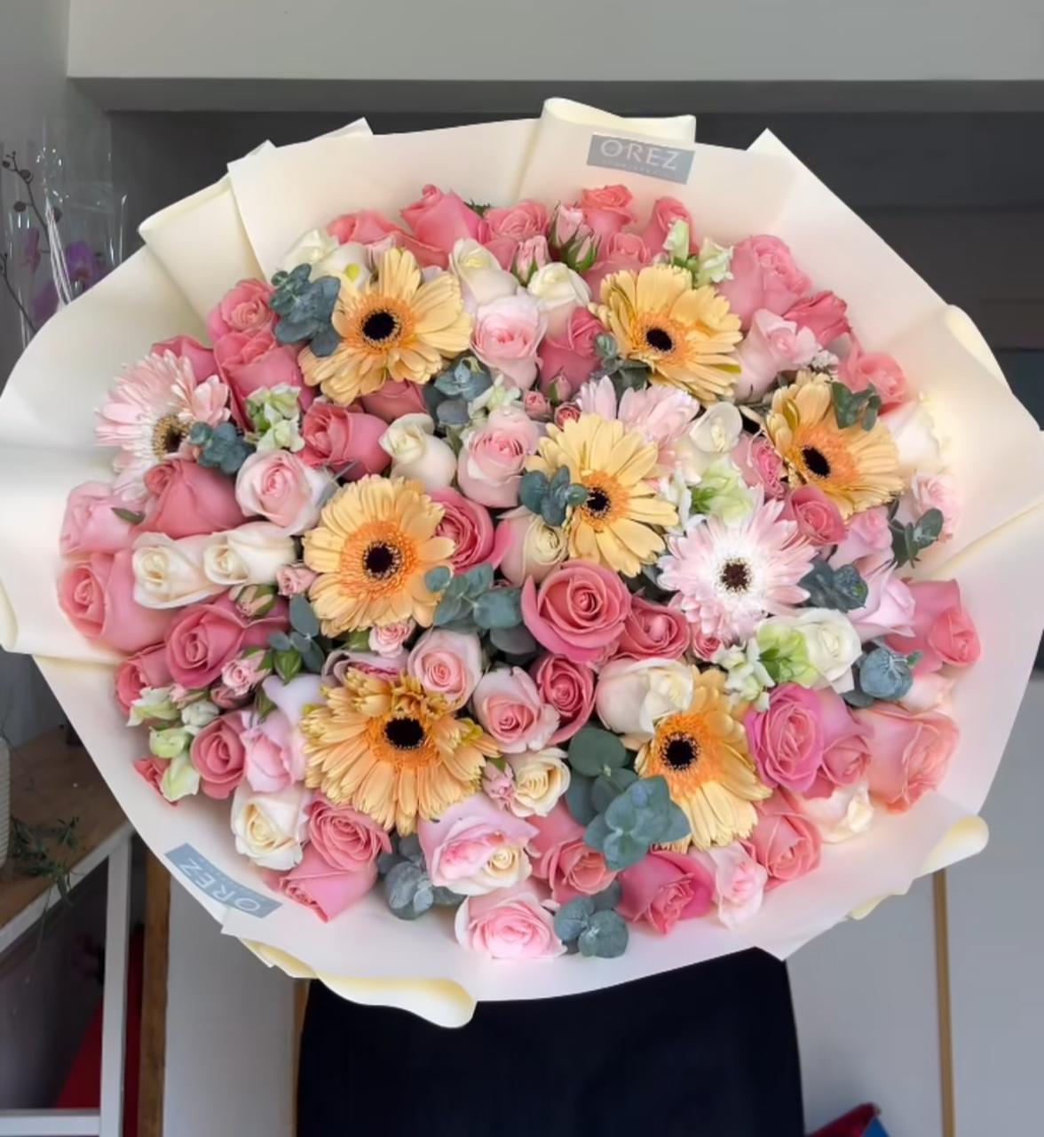 70 Rosas, 10 Gerberas, 8 Perritos, 2 Paq Mini Rosa